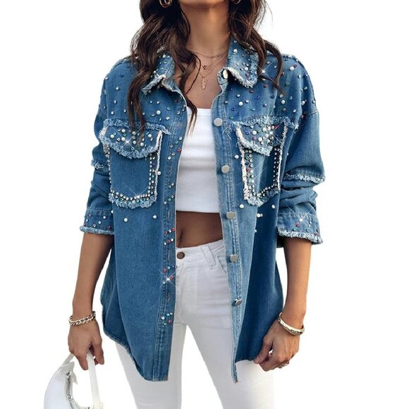 Jackets & Blazers - Oversized Denim Jacket with Sequin Pockets, Long Sleeve Casual Shacket